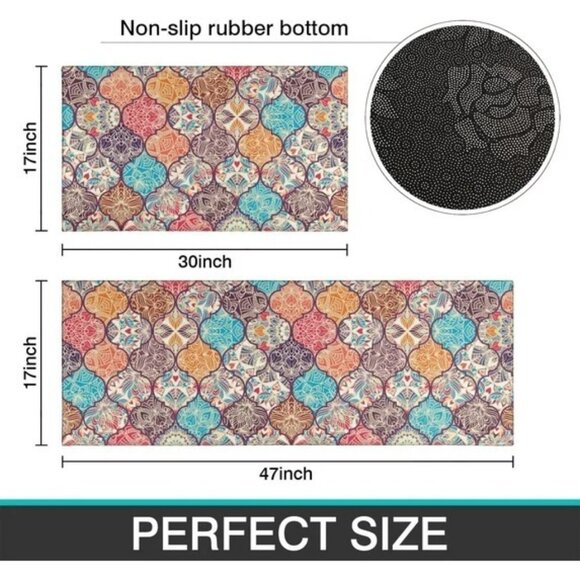 Boho Floral Kitchen Bath Rugs Mat Non-Slip Washable Runner 2pc - Picture 8 of 8